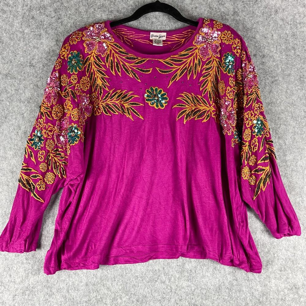 VTG Christine Gerard Sweater Womens Large‎ Pink Sequin Beaded Embroidery Artsy